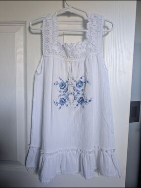 White Cotton Tank Dress with Blue Floral Embroidery